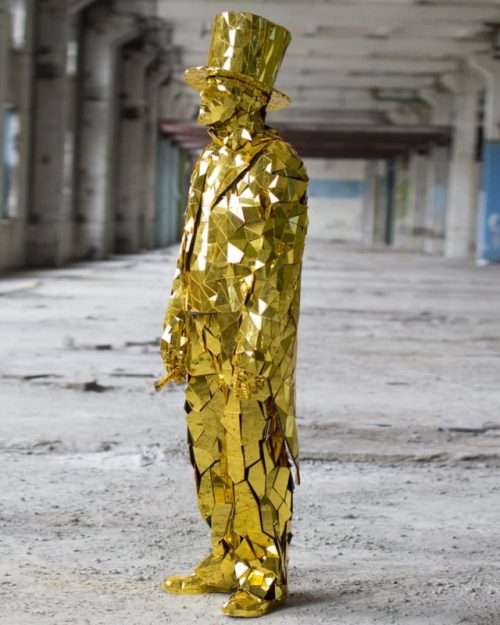 Gold Mirror Man suit with golden cylinder