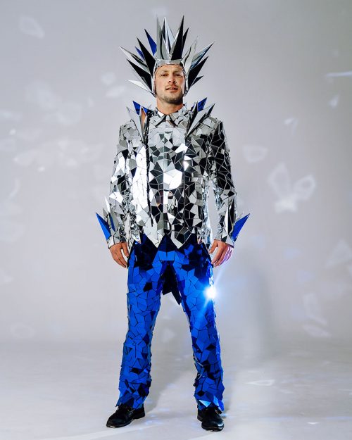 Mirror man King Costume with Headdress and disco ball effect