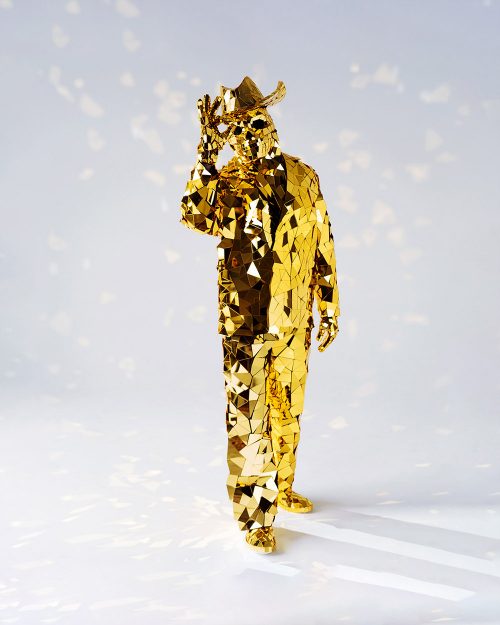 Gold Mirror Man Cowboy Costume with LEDs/ Broken mirror man stage performance costume