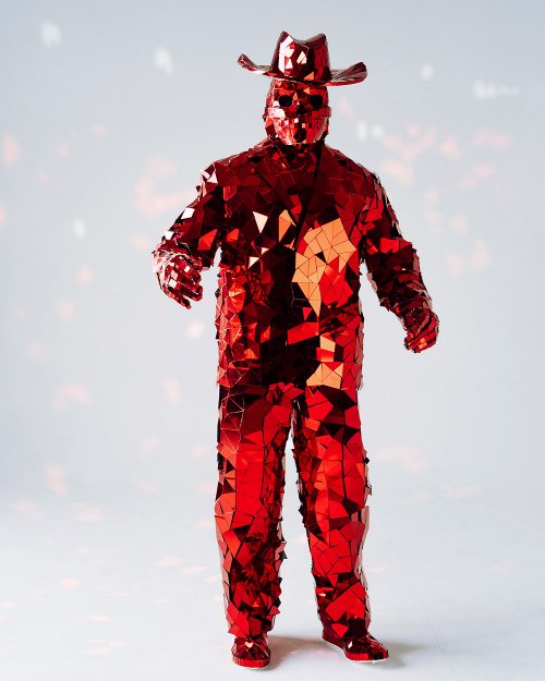 Red Mirror Man Cowboy Costume with Disco Ball Effect