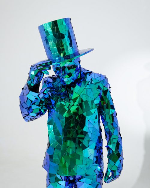 Scarab Green Mirror Man Costume with a Mirror Hat / Mirror Man with Cylinder Hat